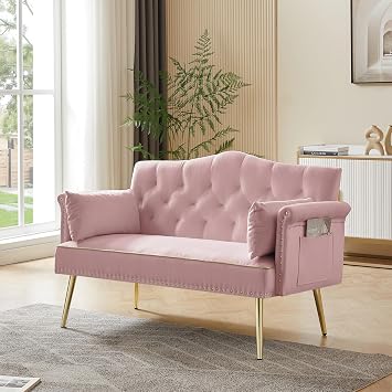 Modern Velvet Loveseat Sofa with Two Pillow, Comfy Two-Seater Couch for Living Room, Dorm, Bedroom, Apartment, Office Pink