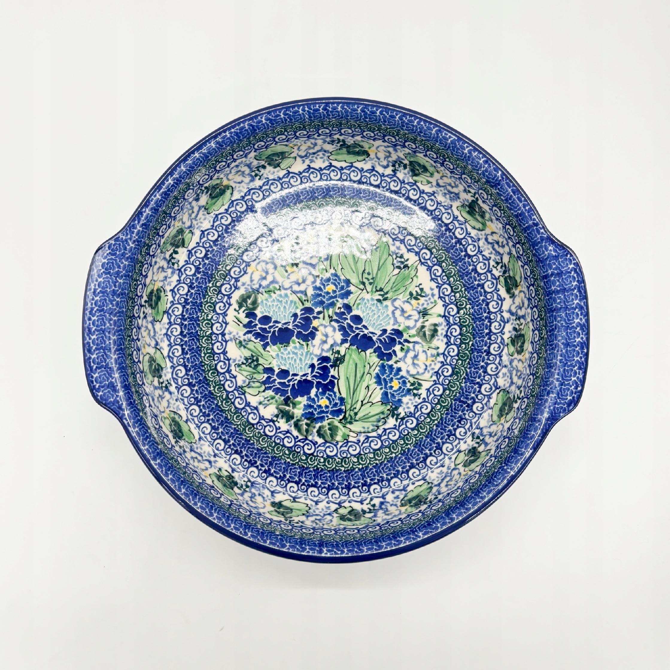 Bunzlauer Keramik Auflaufform, Handgefertigt, Blau-Grün Traditionelles Muster, 28 cm Durchmesser, 6,5 cm Höhe, Backform zum Servieren