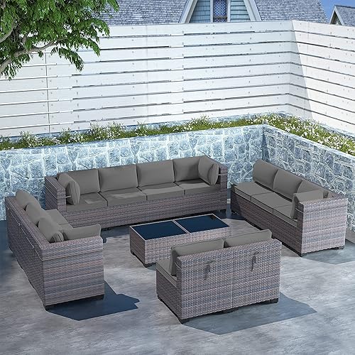 Gotland 14 Piece Outdoor Patio Furniture Sets All-Weather Outdoor Sectional Furniture Patio Sofa Backyard Deck Couch Conversation Chair Set with Coffee Table & 12 Thickened Cushions