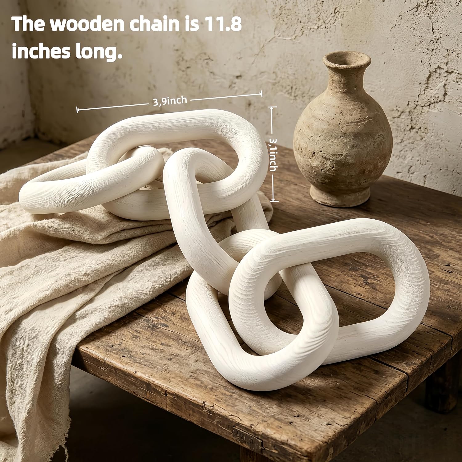 White Wood Chain Link Decorative Hanging Ornament, 11.8 Inch Boutique White Decorative Chain for Coffee Table, Designer Books Home Farmhouse Decoration Set