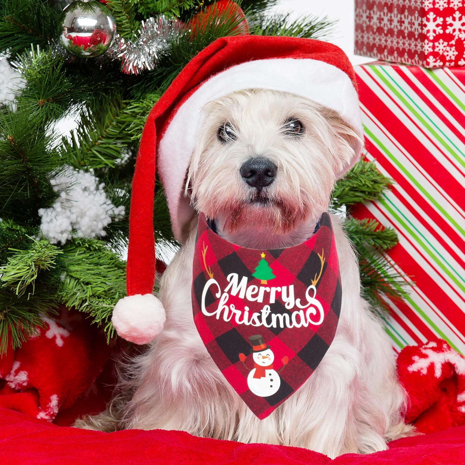 ADOGGYGO 2 Pack Dog Bandana Christmas Classic Plaid Pet Scarf Triangle Bibs Kerchief Merry Christmas Red Santa Snowman Bandana for Medium Large Dogs Pets (Large) image 3