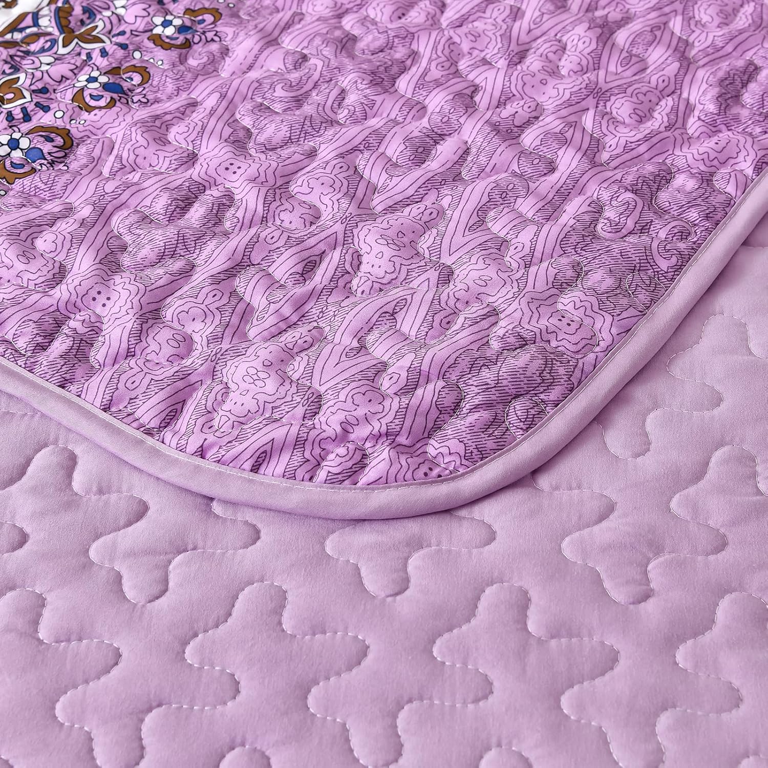 WONGS BEDDING Boho Queen Quilt Set, Purple Bohemian Quilt Bedding Set, Lightweight Bed Decor Bedspread for All Season Reversible Microfiber Coverlet Bedding Set 96"x90"(3 Pieces) - Image 6