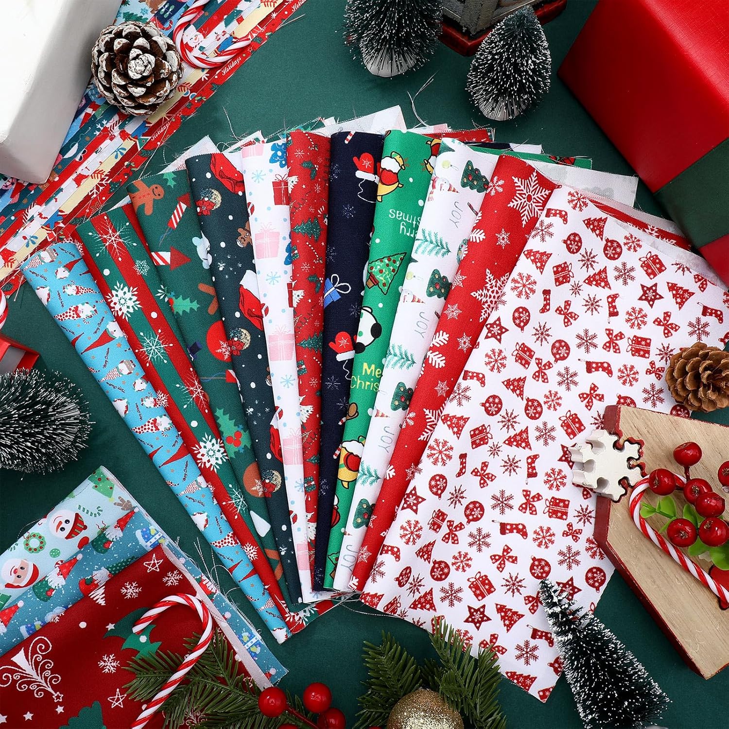 Ganeen 100 Pcs 10 x 10 Inch Christmas Fabric Squares Snowflake Snowman Santa Quilting Fabric Bundles Red Green Fat Patchwork Scraps Pre Cut Quilt Squares for Winter DIY Craft Handmade Sewing