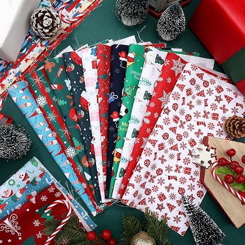 Miniatura 6 de Ganeen 100 piezas de tela de algodón de Navidad de 10 x 10 pulgadas, paquetes de tela para acolchar de Navidad, Papá Noel, muñeco de nieve, desechos