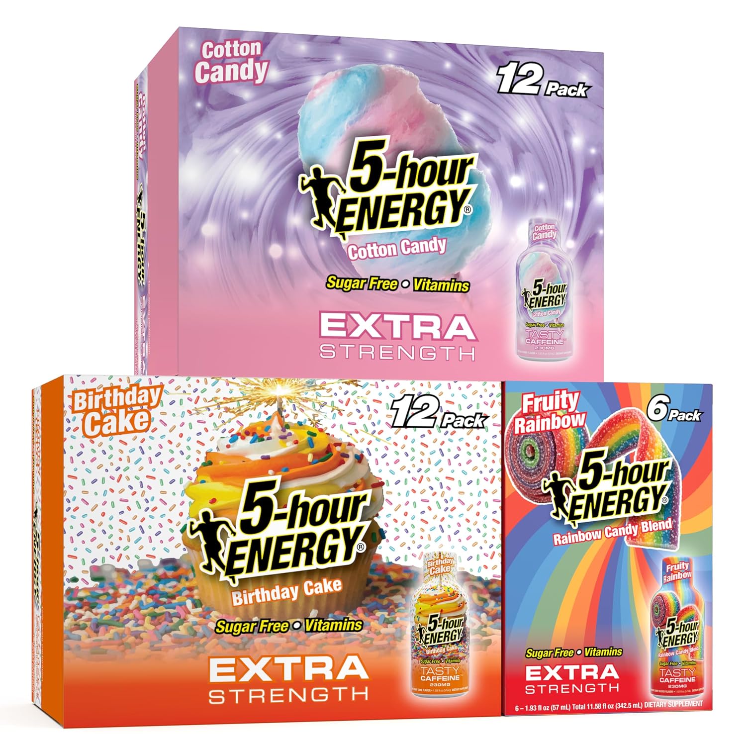 5-hour ENERGY VARIETY PACK Cotton Candy, Birthday Cake & Fruity Rainbow Flavors, 30 Count, 1.93 Fl Oz Energy Shot, Extra Strength, Amino Acids, B Vitamins, Sugar Free and Zero Calories