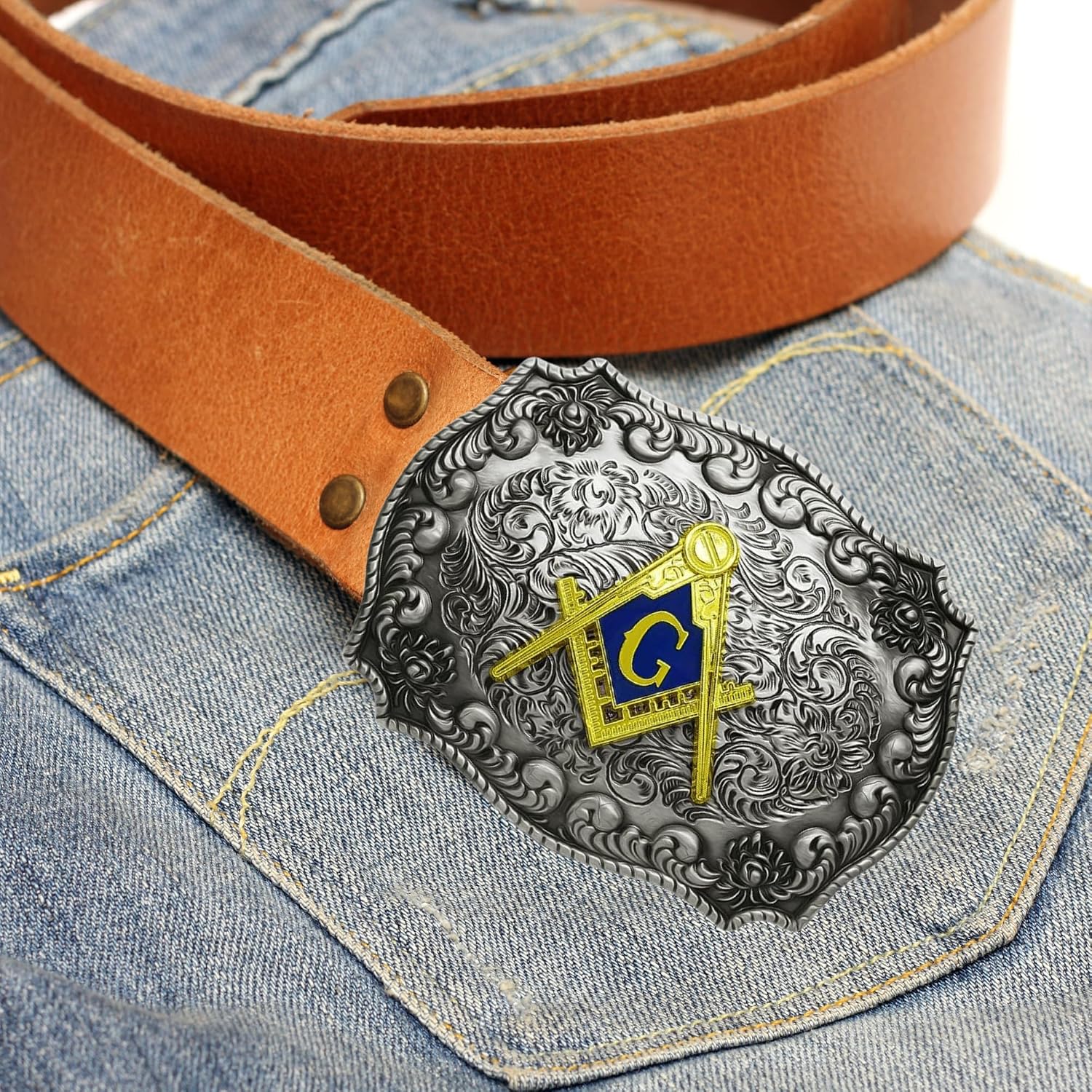 WMG Masonic Mason Symbol Logo Large Huge Rodeo Western Gold Tone Belt Buckle Fits Up to 2 Inch Belts