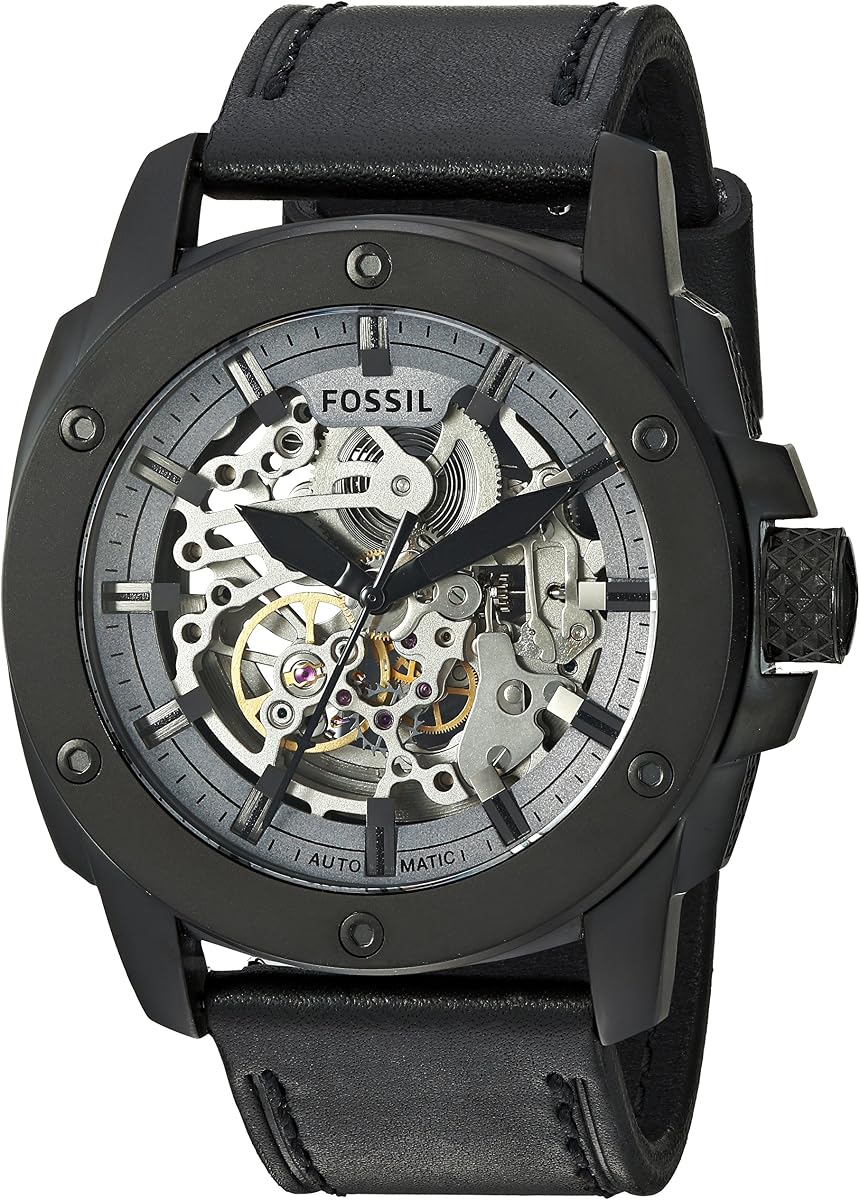 Fossil Men's Automatic Stainless Steel and Leather Casual Watch, Color:Black (Model: ME3134)