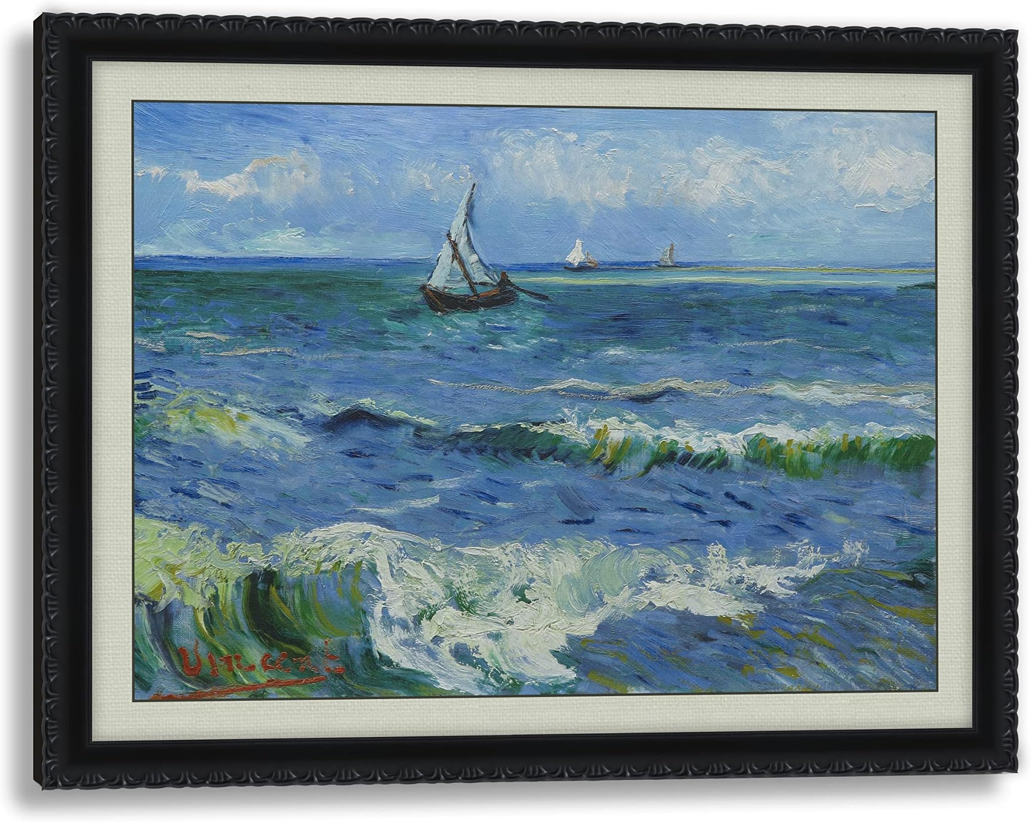 3D Print simulation hand painted texture on canvas painting Van Gogh Classic Wall Art Stormy Sea at Saintes Maries Ship Seascape Hand Made Ornate Framed 3D Brushstroke UNIQUE INNOVATION Patent pending