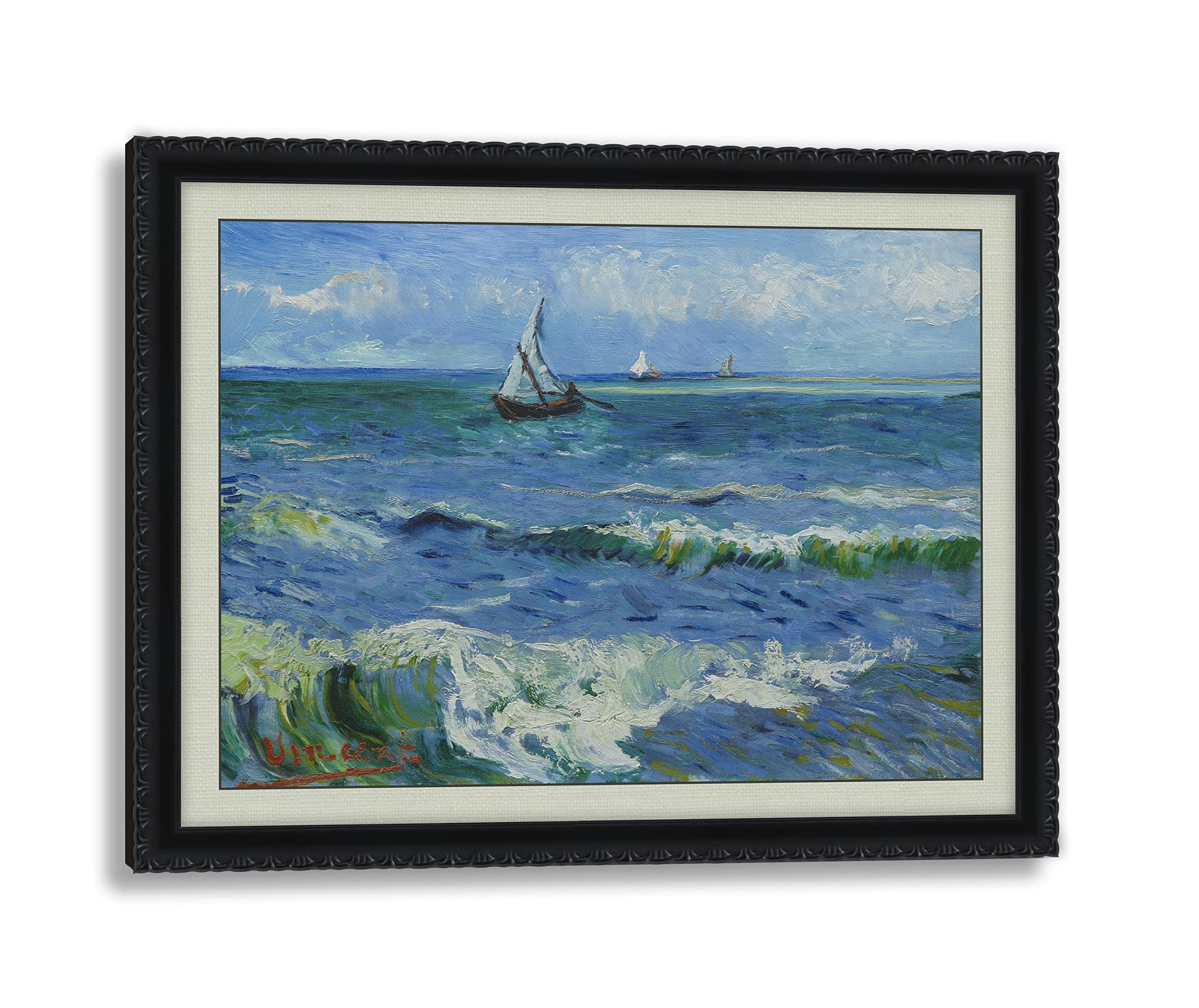 3D Print simulation hand painted texture on canvas painting Van Gogh Classic Wall Art Stormy Sea at Saintes Maries Ship Seascape Hand Made Ornate Framed 3D Brushstroke UNIQUE INNOVATION Patent pending