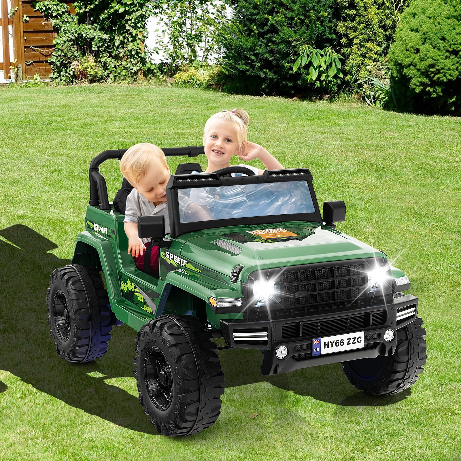 COSTWAY 24V Voiture Electrique 2 Places Enfants avec Télécommande 2,4G, Véhicule Electrique avec Musique & Lumières LED, Démarrage Lent & 2 Vitesses, Charge 35kg pour Enfants de 3-8 Ans+ (Vert)