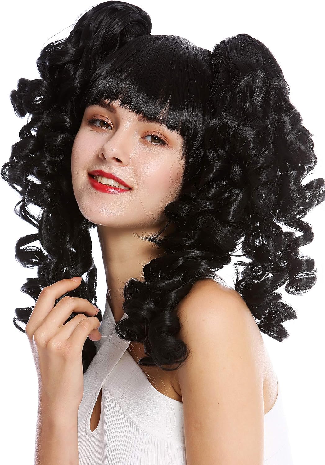 WIG ME UP - YZF-7080+A-1 Lady Cosplay Quality Wig bob + 2 removable ponytails pigtails curled bangs ringlets black - Image 3