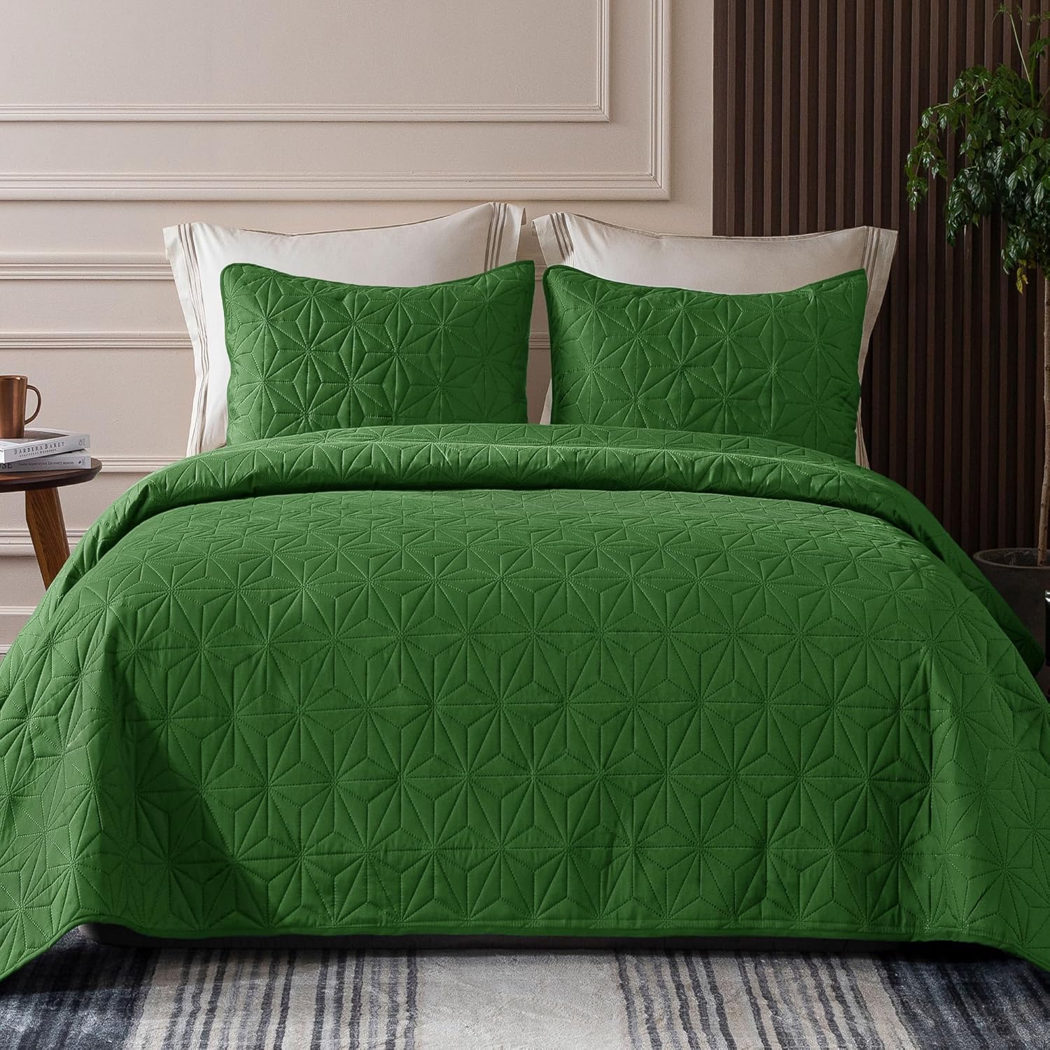Whale Flotilla California King Quilt Bedding Set, Soft Green Oversized Bedspreads Quilts Cal King Size for All Seasons, 3 Pieces Lightweight Geometric Star Pattern Coverlet