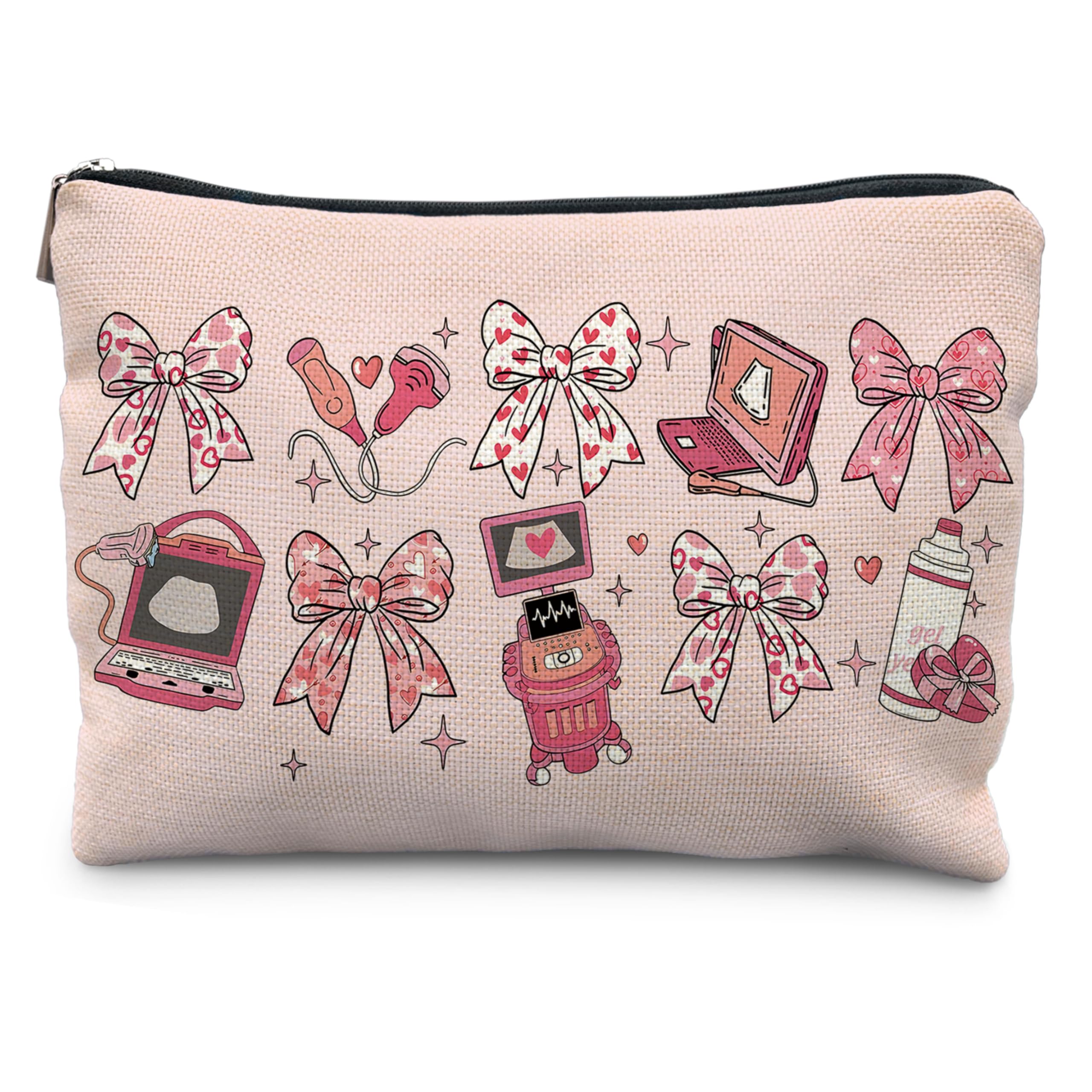 Coquette Pink Bow Sonographer Gifts Makeup Bag, Ultrasound Tech Technologist Gifts Cosmetic Bags for Women, Medical Nursing Zipper Makeup Pouch Travel Toiletry Bag