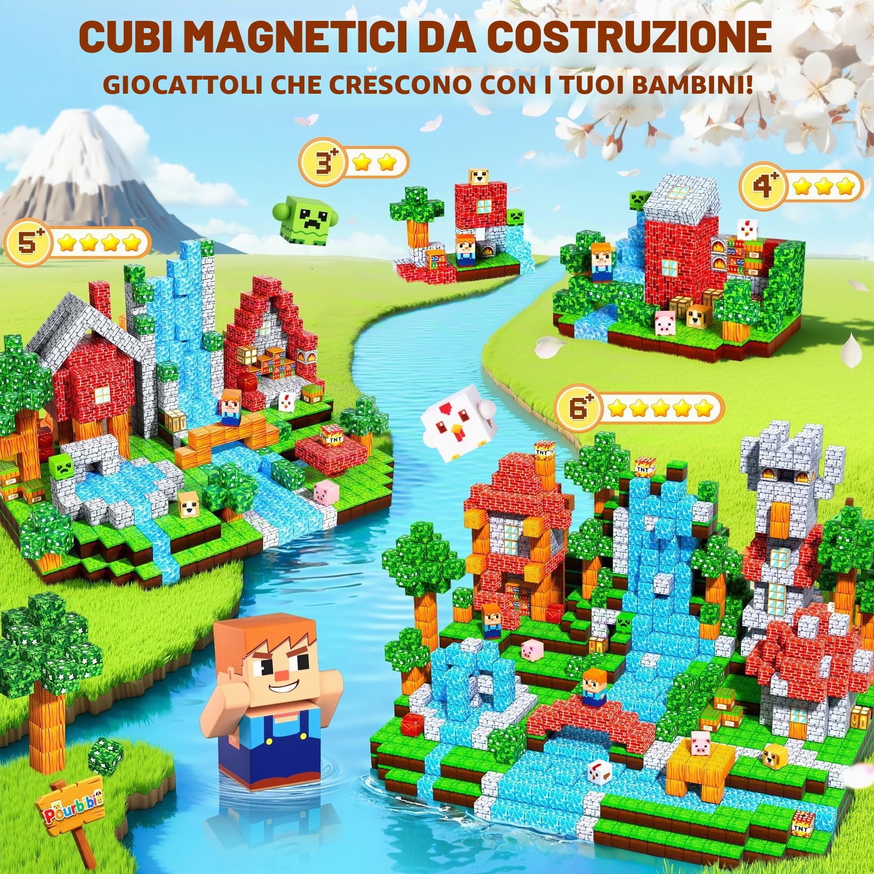 Pourbibi Costruzioni Magnetiche per Bambini, Giocattolo Educativo Montessori,108 Pezzi Giochi Magnetici per Bambini 3 4 5 6 7 8 9 10 Anni,Regali di Compleanno 3-10 Anni