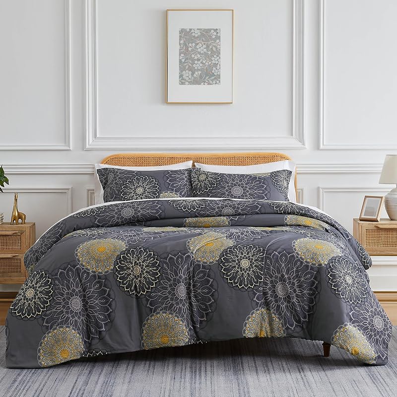 Southshore Fine Living, Inc. Funda de edredón floral de gran tamaño King Size/California, juego de funda de edredón reversible Cal King, ropa de cama resistente al pelo de mascotas, 2 fundas de almohada, relleno no incluido, color negro medianoche