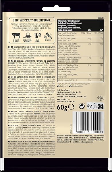 Jack Link’s Biltong Jerky Original - Pack de 12 (12 x 60 g) - Snack de viande sans gluten - Viande séchée riche en protéines pour le sport - Snack protéiné pauvre en calories - Chips de bœuf - 2