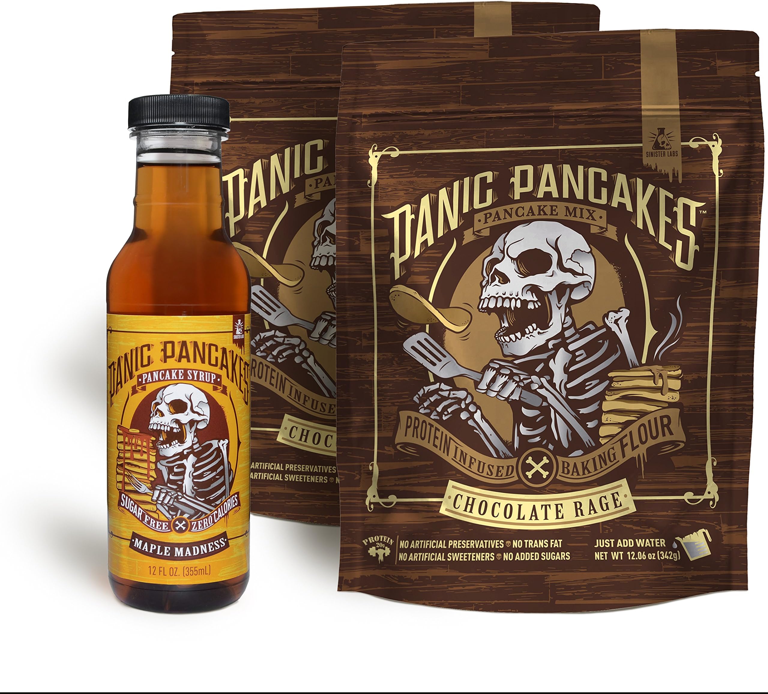 Panic Pancakes Mix & Syrup by Sinister Labs - Chocolate Rage Pancake Mix, 2-Pack (12.05 ounce bag), Maple Madness Syrup, 1 bottle (12 ounce)