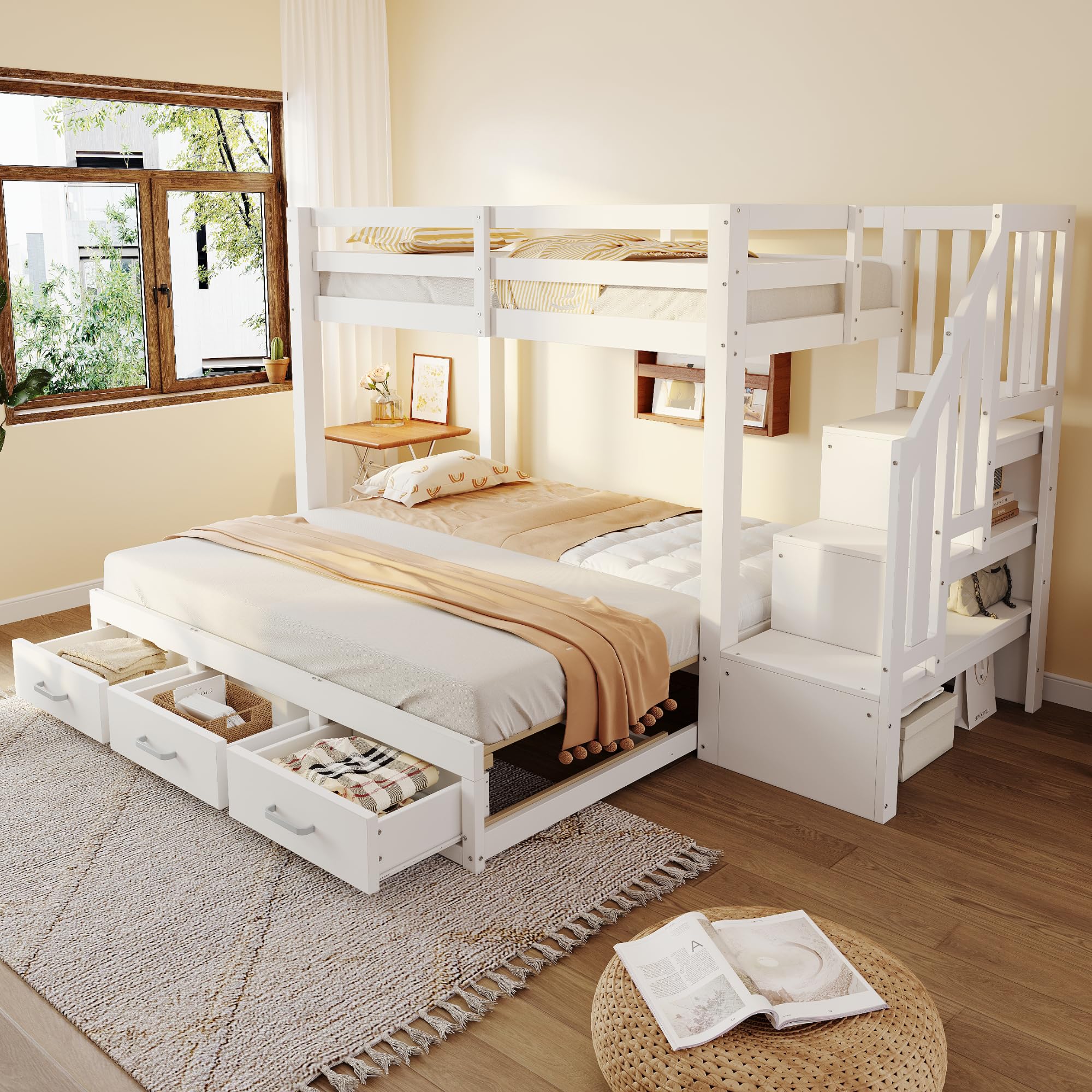 Litera de 90x200 cm con Cama Nido para 2 Personas, Cama Litera Matrimonio con 3 Cajones y Escalera Almacenaje, Cama Infantil Literas con Barandilla Anticaída y Lamas Madera, Sin Colchón, Blanco