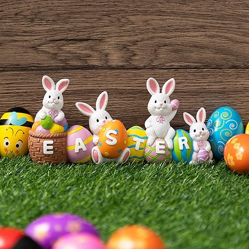 Miniatura 6 de JOYIN Huevos de conejo de Pascua con la palabra Resina de Pascua decoración 4 conejos conejito y huevo figura de mesa para decoración del hogar y la