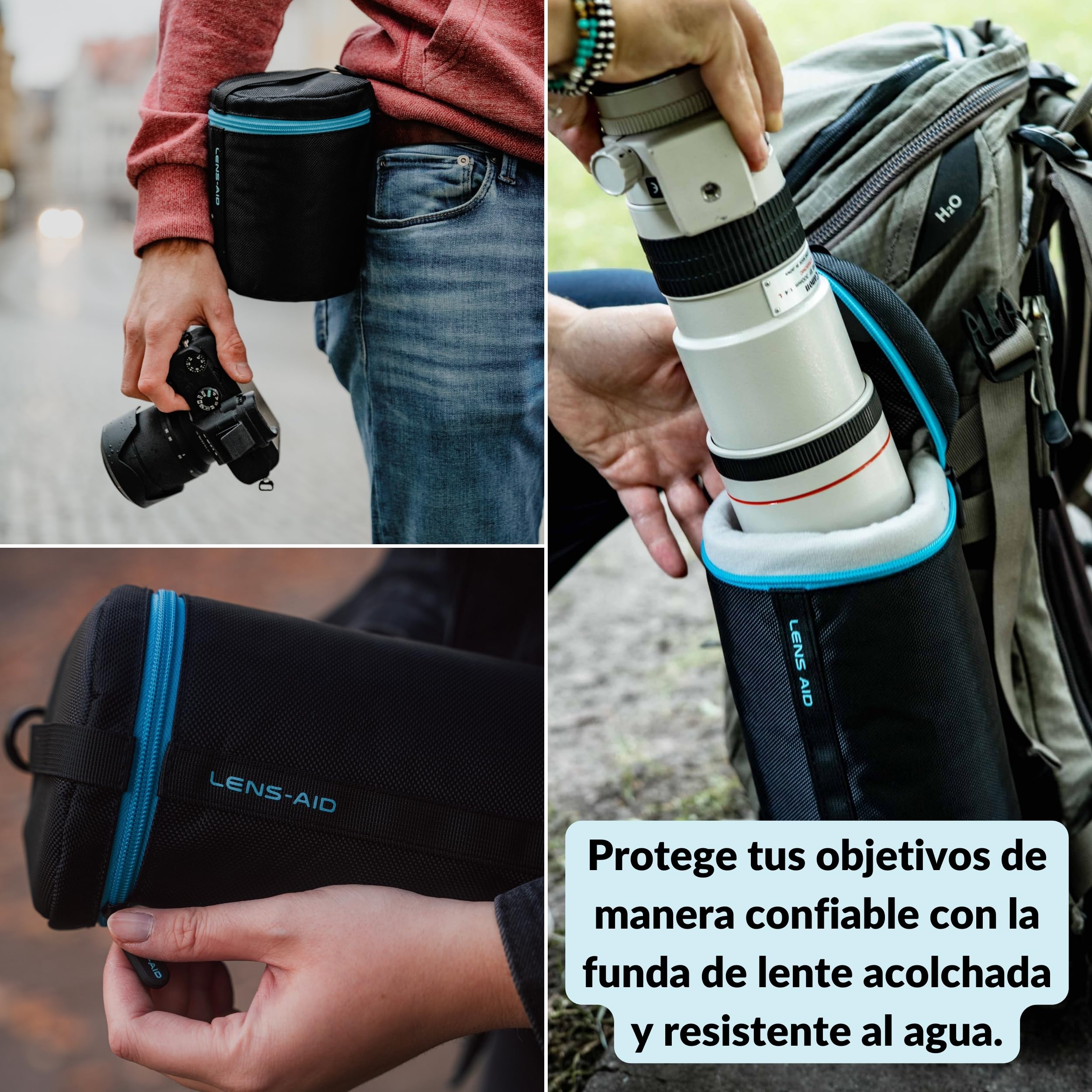 Bolsa para lentes LENS-AID con acolchado grueso: estuche para lentes con cremallera y hebilla de cinturón, negro, L (10 x 18 cm)