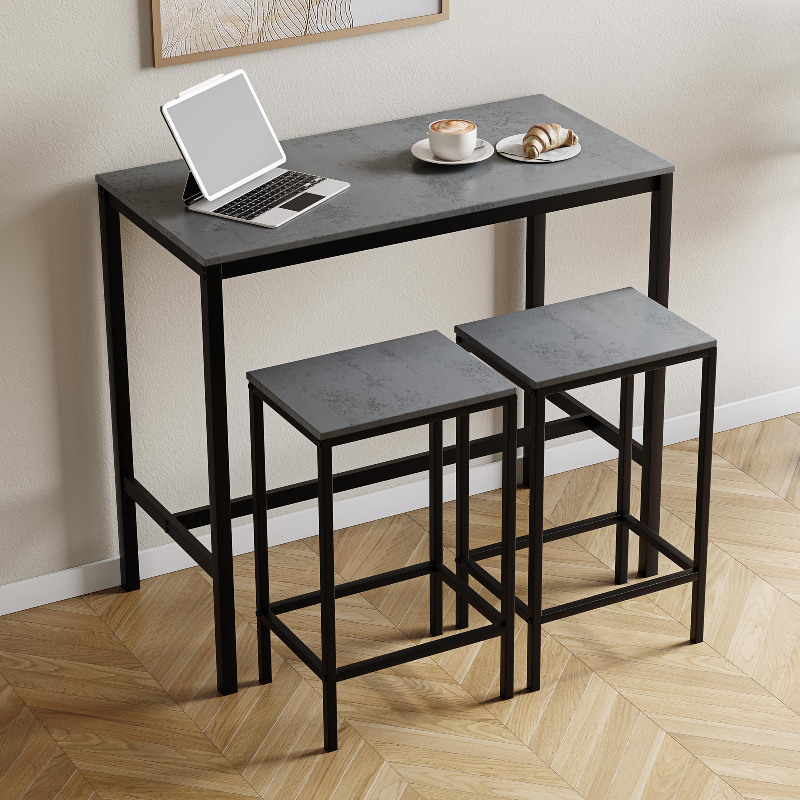 Vida Designs Roslyn Ensemble de table 3 pièces avec 2 tabourets/chaises, design compact pour salle à manger, cuisine, bar, appartement, balcon, jardin avec cadre en acier industriel, 90 x 100 x 50 cm