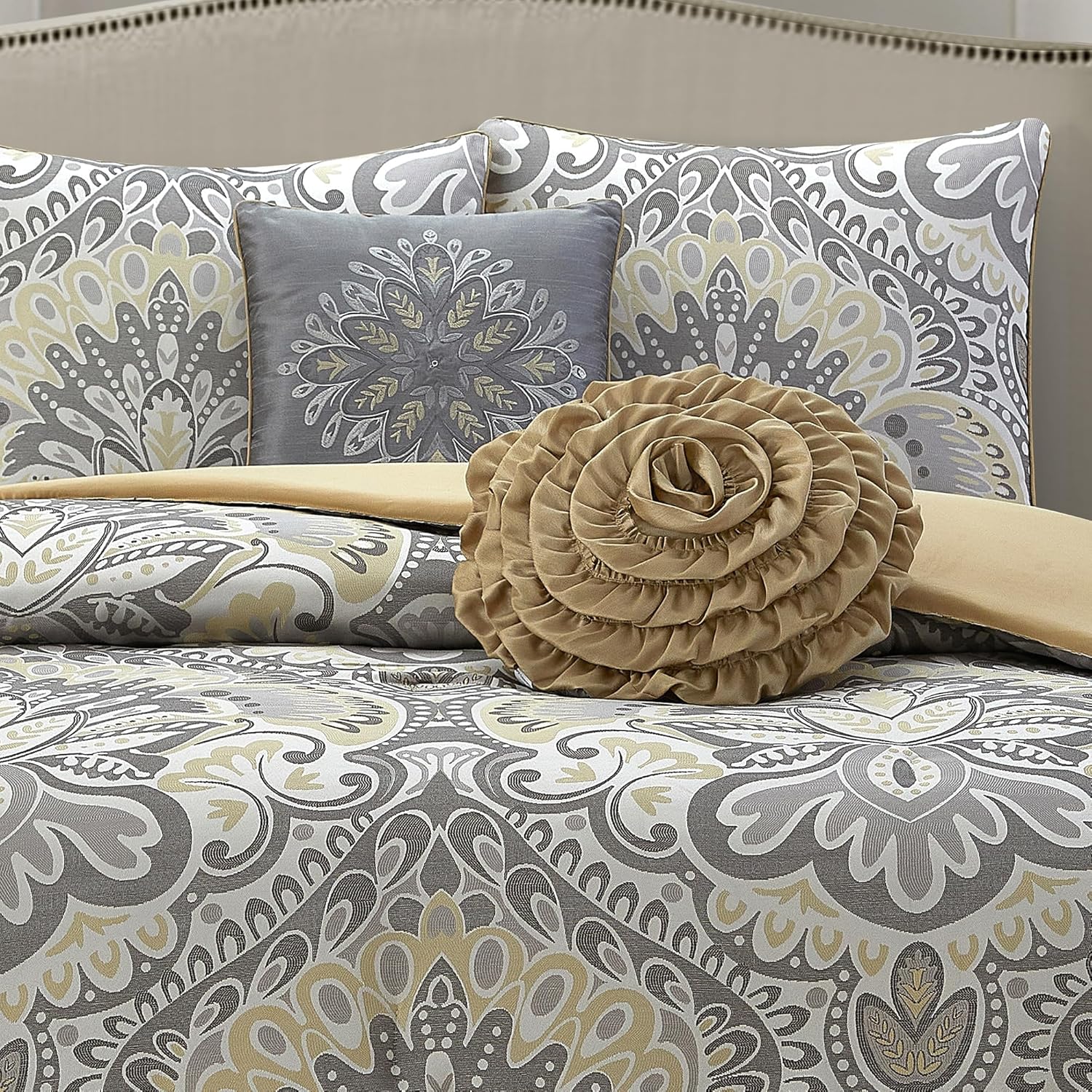 Grey Yellow 6 Piece Comforter Set, Queen, Elegant Floral Jacquard, Ultra Soft Bed Set for All Seasons, Bed in a Bag, Include Comforter, Bed Skirt, Pillow Shams & Decor Pillows