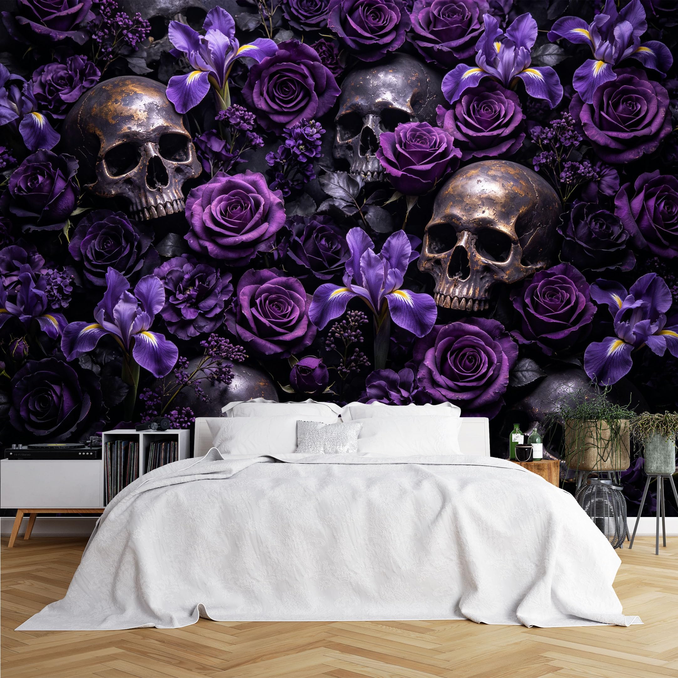 Lcythiazole Ch260615074 Custom Size Wall Murals Dark Skull Purple Rose Gothic Pattern Wall Murals Wall Stickers Wallpaper Self-Adhesive Removable Wallpaper For Halloween Bar Bedroom