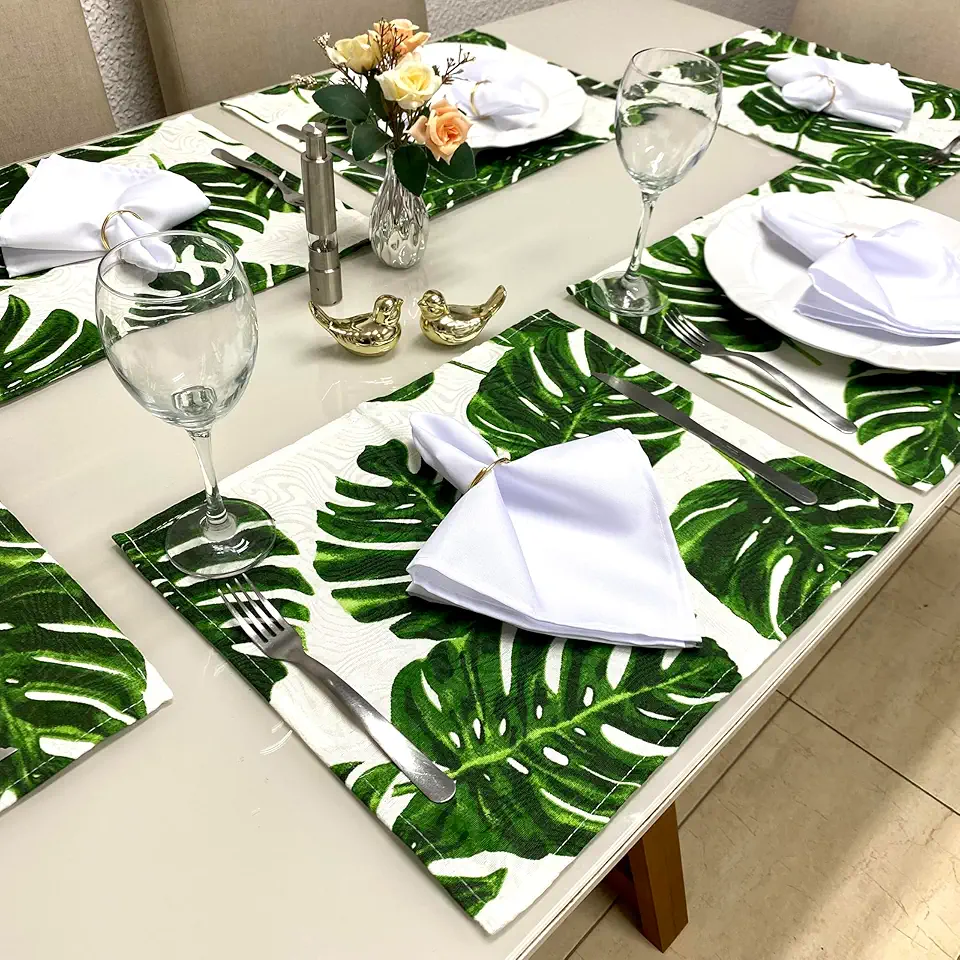 Jogo Americano Tecido 6 Un + 6 Guardanapos + 6 Porta Guardanapos (Costela Adão Verde Guard. Branco)