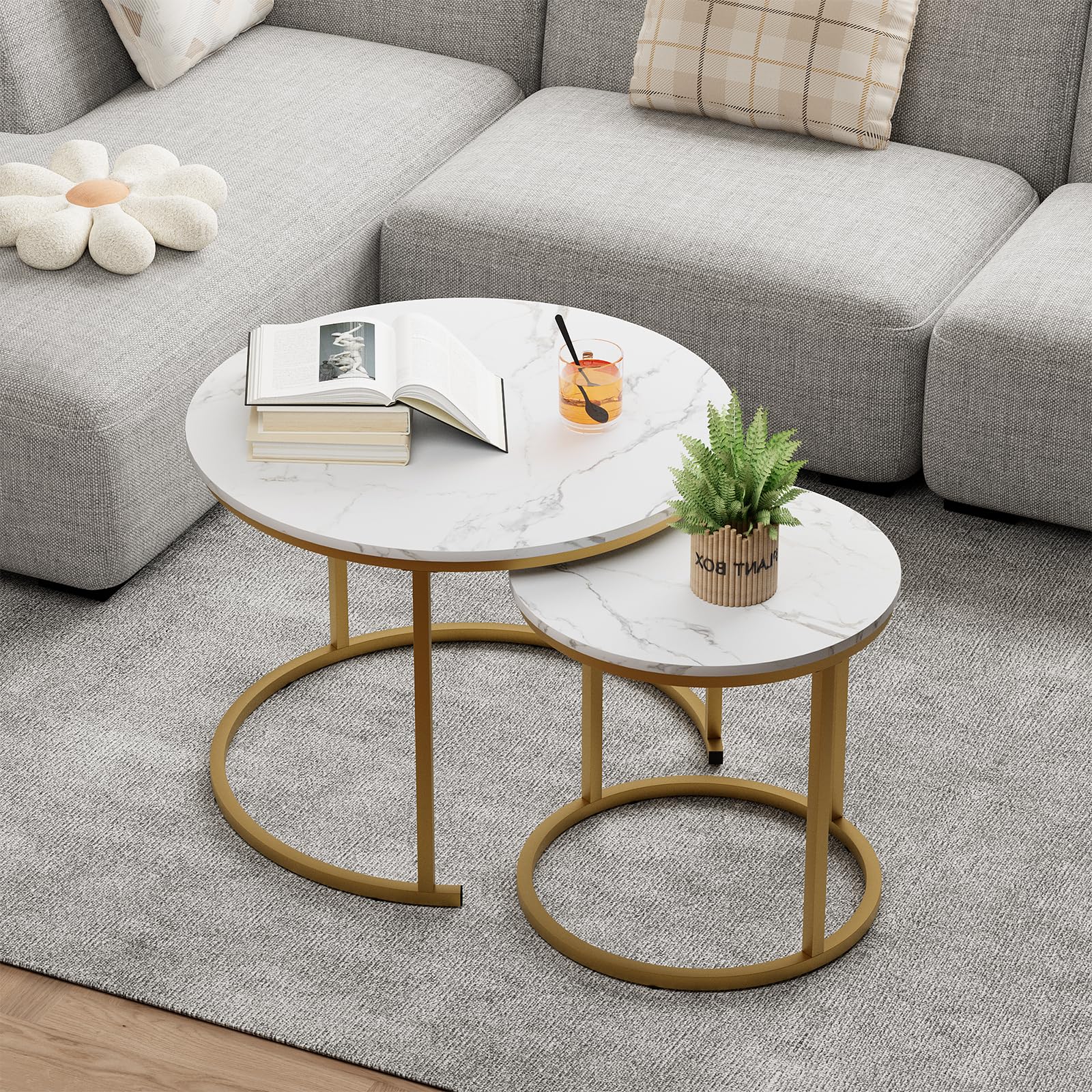 Garden 4 you Lot de 2 tables gigognes blanches et dorées