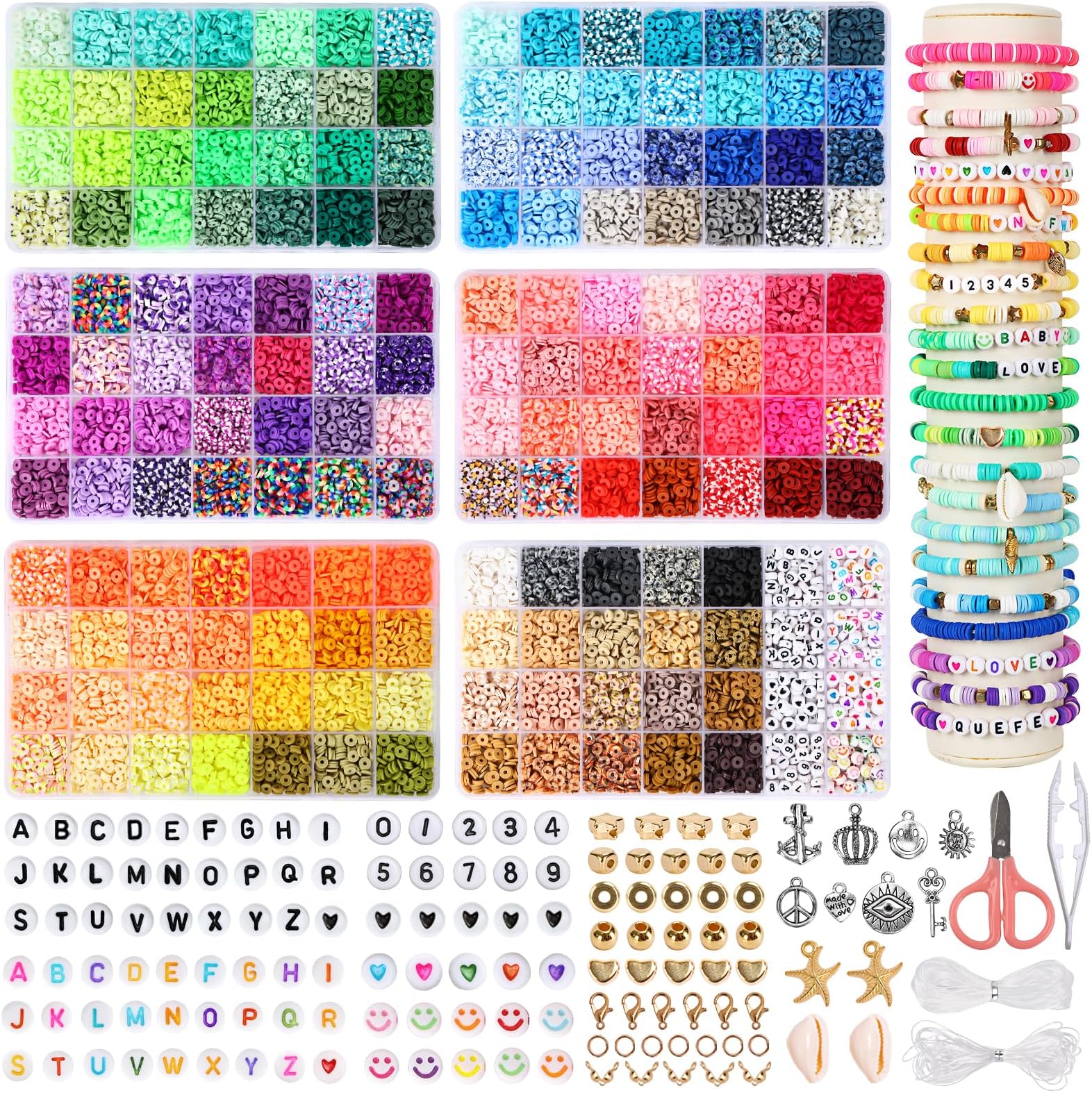 QUEFE 20,000 Pcs Clay Beads Bracelet Making Kit, 160 Colors Polymer Beads Spacer Heishi Beads, Jewelry Kit with Charms Elastic Strings, DIY Crafts Gift