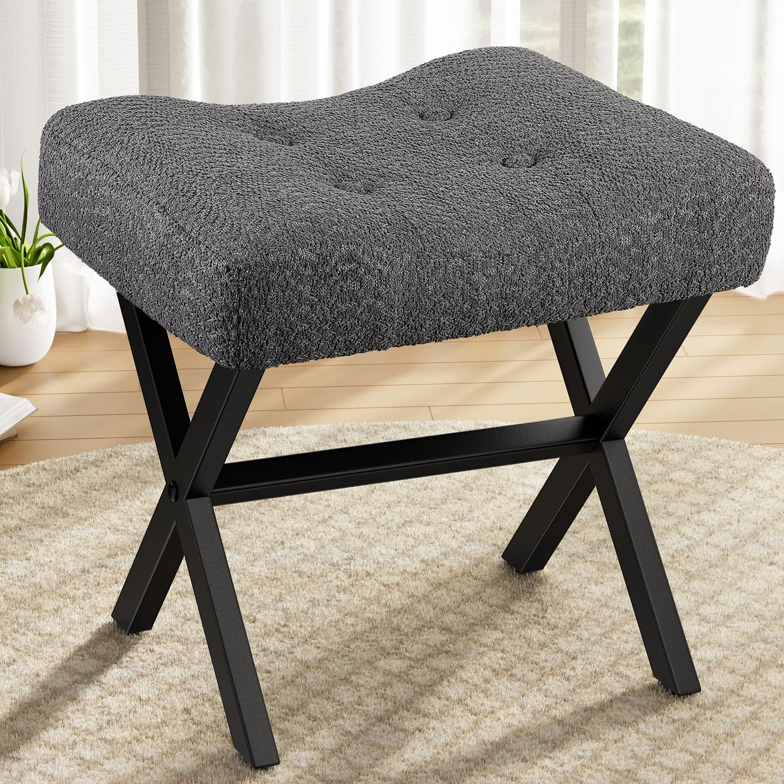 Memobarco 18-Inch Large Vanity Stool Chair, Vanity Bench with Metal X-Legs, Ottoman Accent Stool with Breathable and Soft Boucle Fabric Saddle Seat,