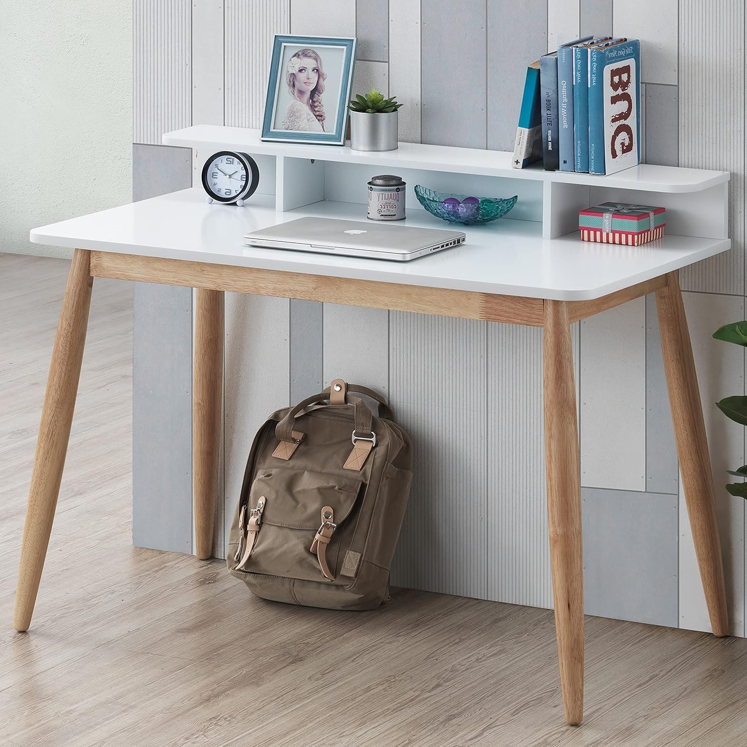 Haugen Contemporary Wood Writing Desk with Hutch, White