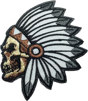 Feathered Indian Chief Head Death Skull Embroidered Sew Iron on Patch RR-IRON-SKUL-HEAD-INDI-AN01