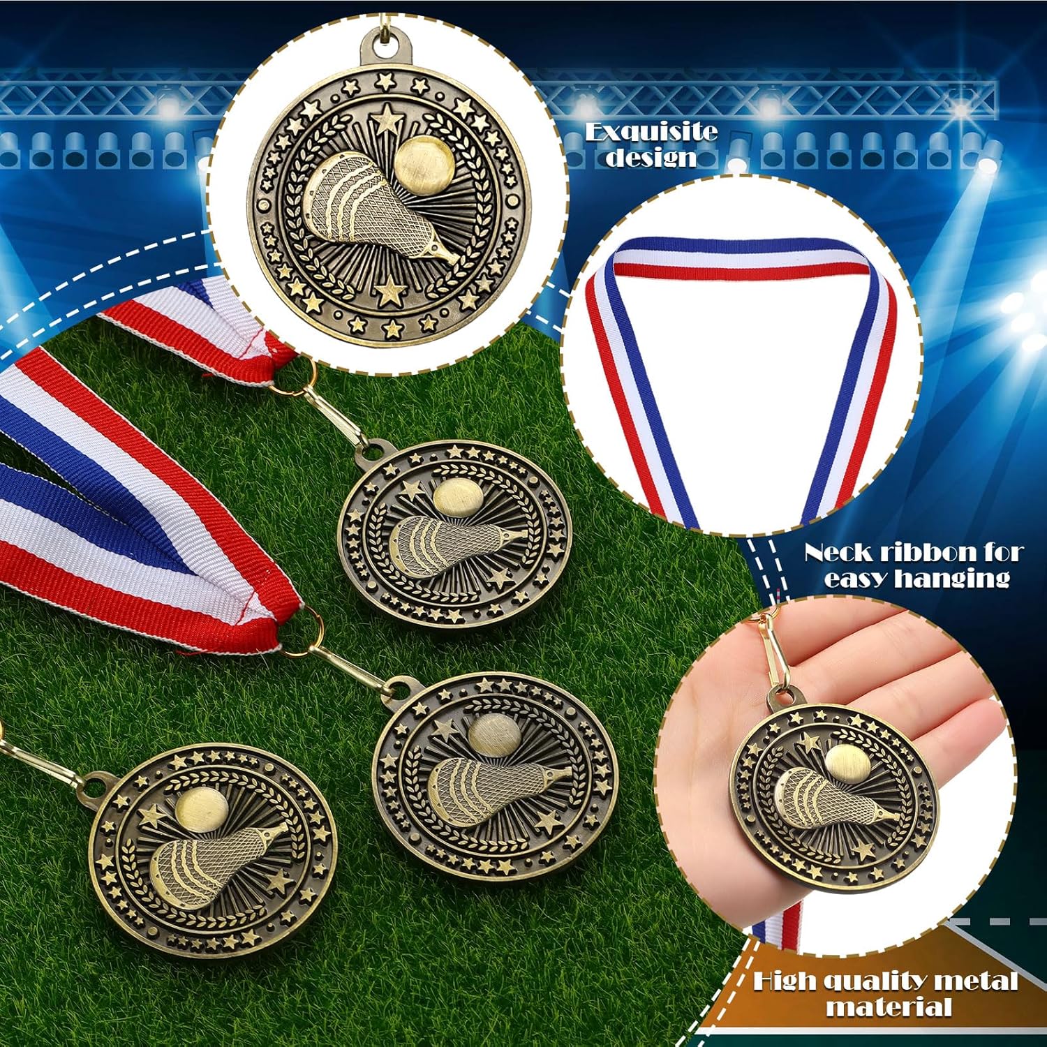 Cunno 48 Pcs Lacrosse Award Medals Bulk Gold Medals Trophy Award with Neck Ribbons Lacrosse Winner Prize Gift for Team Sports Participation Achievement Party Favors