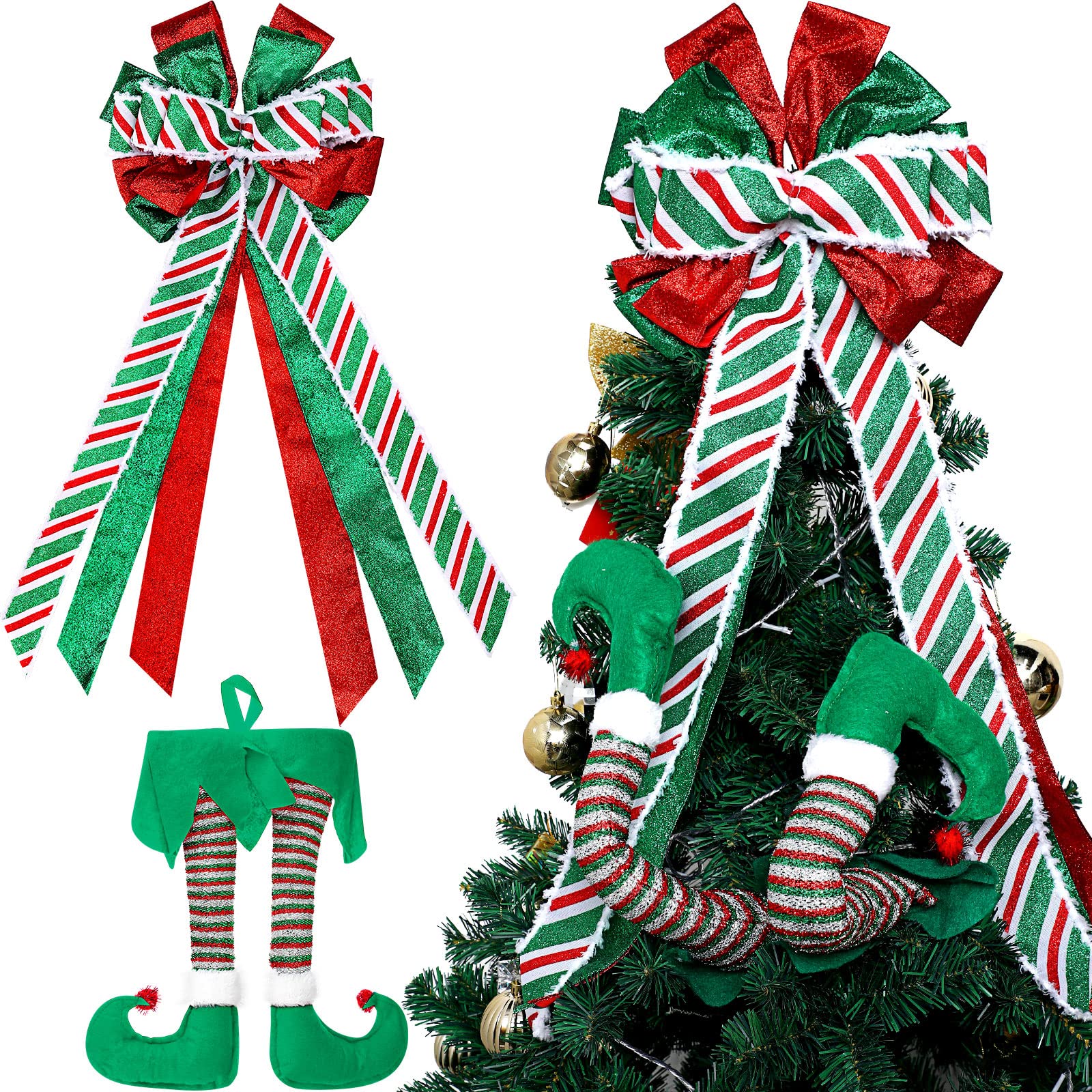 2 Pcs Christmas Tree Topper Christmas Elf Stuffed Legs Large Decorative Bow with Streamer Christmas Tree Legs Stuck Tree Topper Decorations Christmas Toppers Bow for Christmas Tree Decoration (Green)
