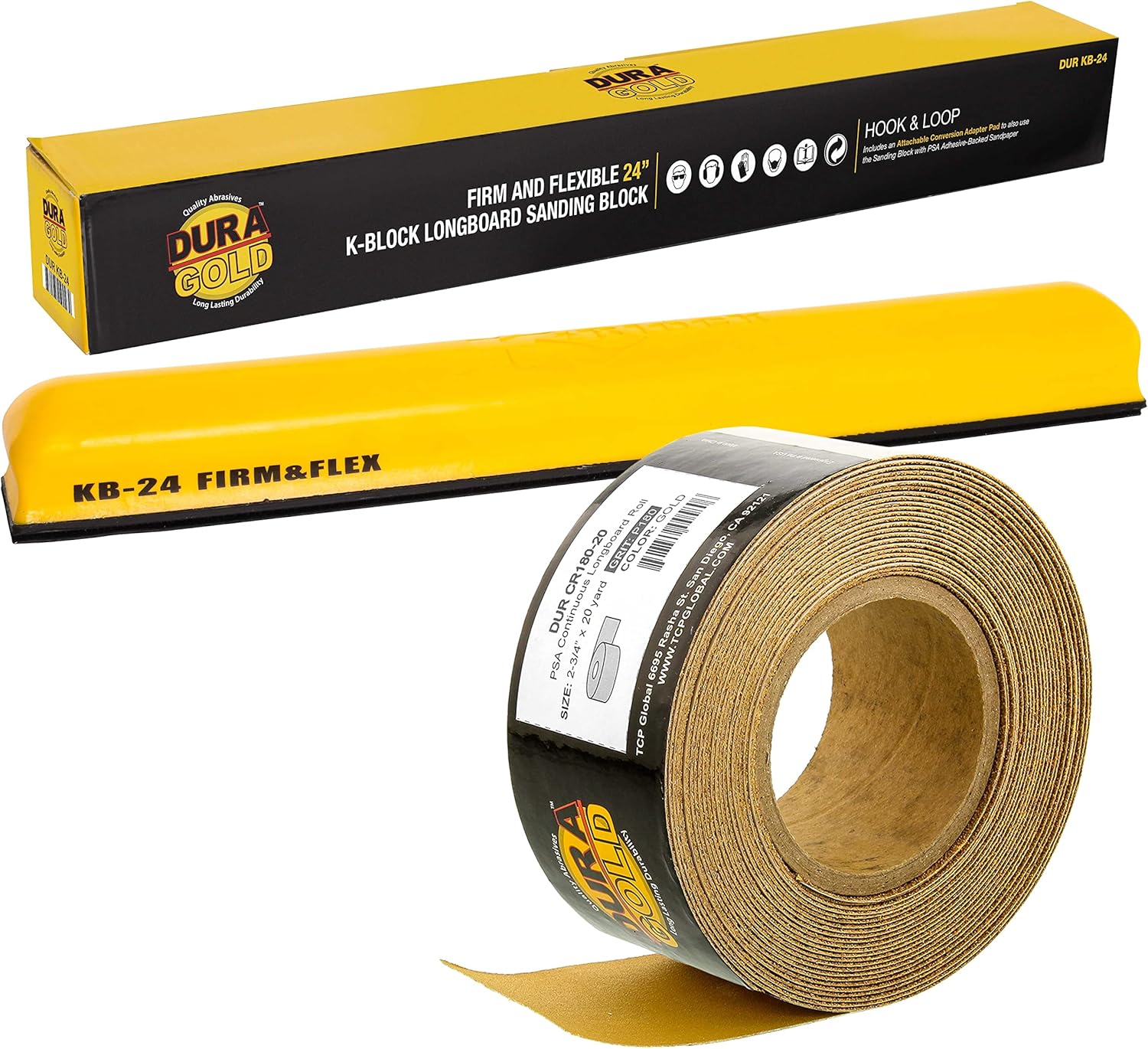 Dura-Gold Pro Series 24" K-Block Sander Firm & Flex XL Longboard Hand Sanding Block Pad with Hook & Loop Backing and PSA Adapter Pad & 180 Grit Sandpaper Roll