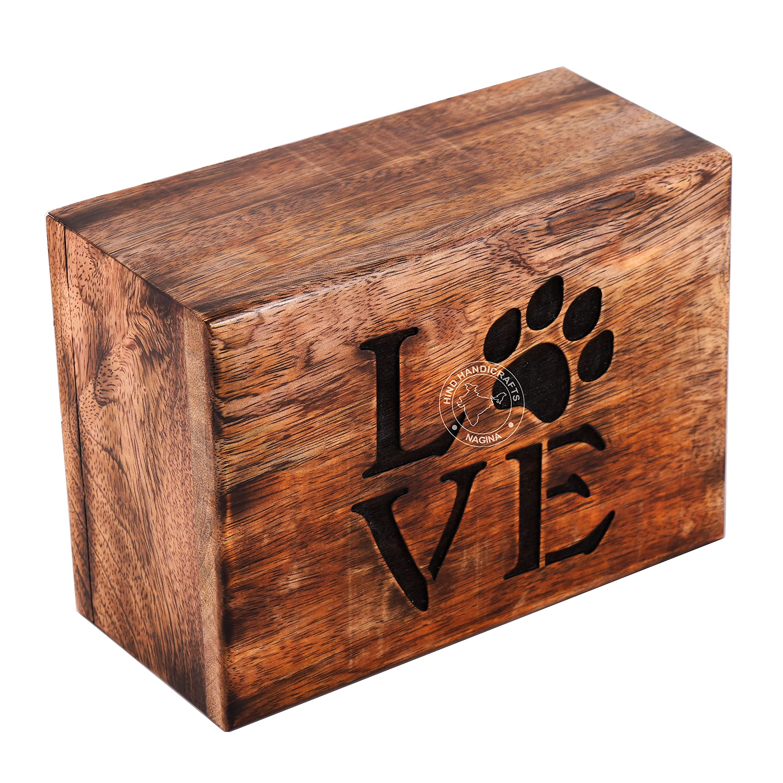 Hind Handicrafts Antique Paw Engraved Mangowood Pet Urn for Dogs Cats Memorial Keepsake Urns for Ashes, Photo Wooden Box Cremation Urn (100 Cubic in, Love Paw)
