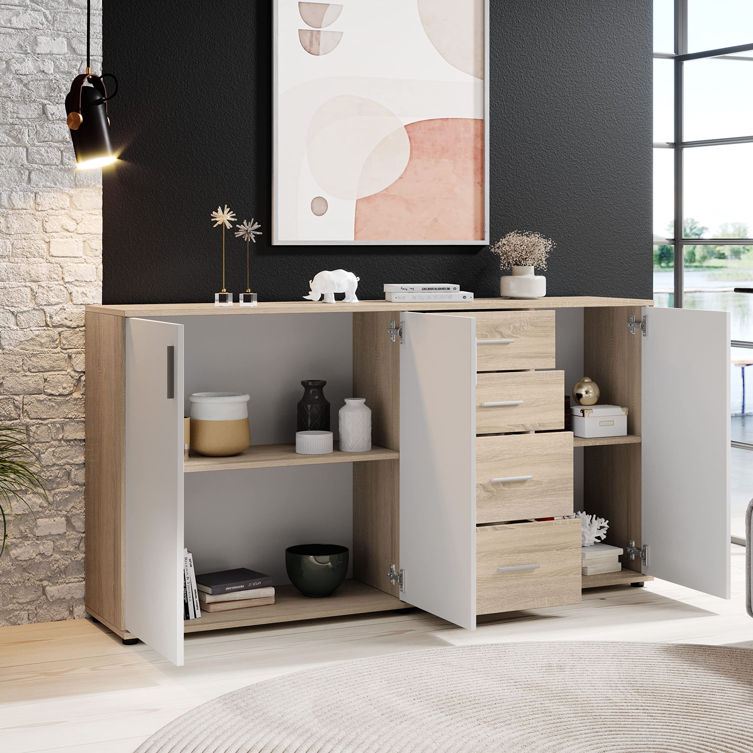 Stella Trading BOBBY, Cassettiera, effetto rovere Sonoma, bianco, credenza elegante con ampio spazio disponibile per la zona giorno; 160 x 82 x 35 cm, L x A x P