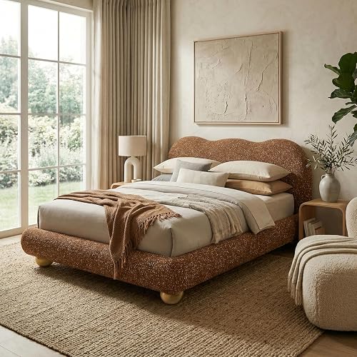 Furniture of America Lunaria Modern Queen Platform Bed with Camelback Headboard and Round Bun Wood Feet, Upholstered Bedframe for Bedroom, Guest Room, No Box Spring Needed, Terracotta Brown