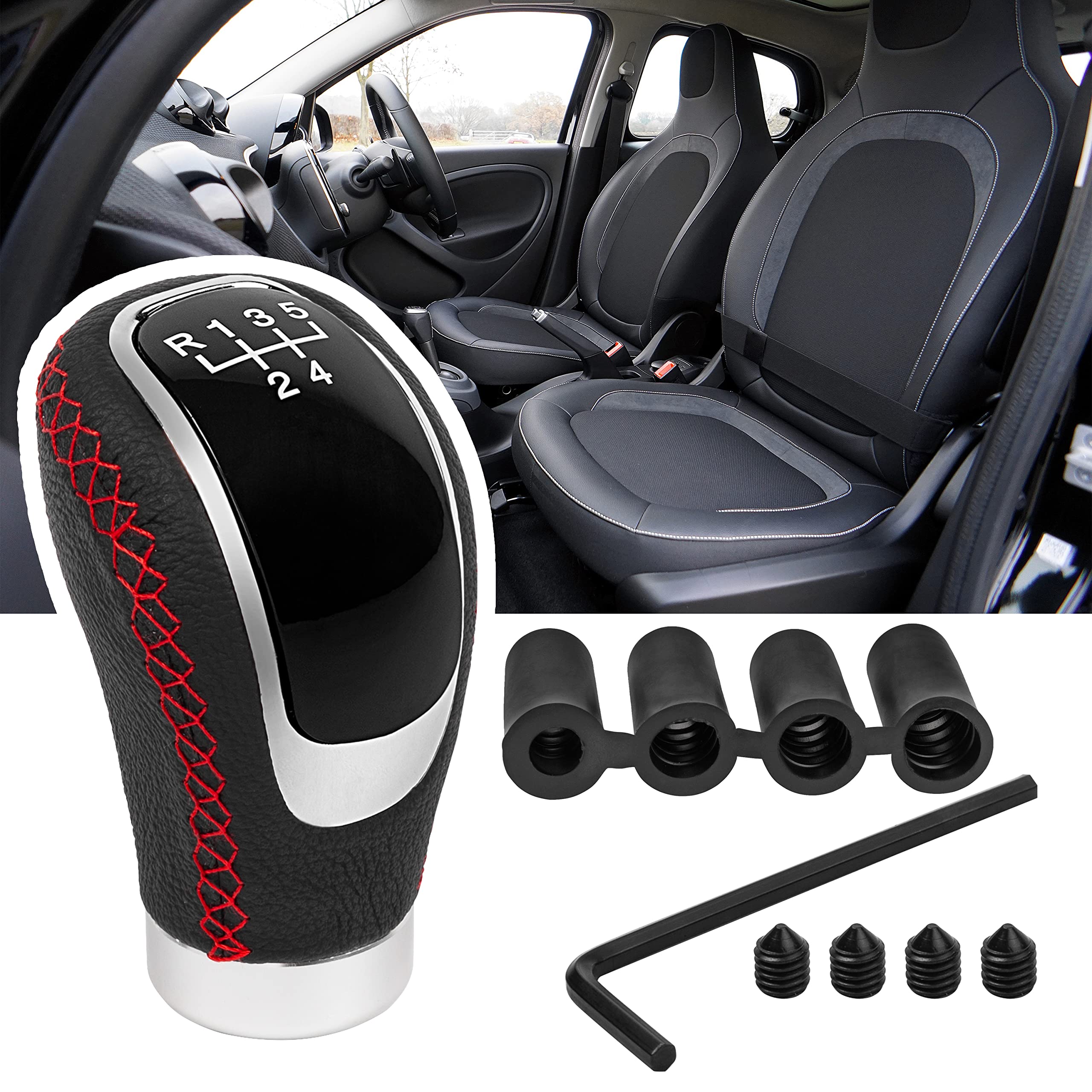BoGoo5 Speed Universal Gear Shift Knob - Manual Shifter Gear Stick 5 Speed Transmission - Includes adapters for Most Cars, SUV's, Van's - Renew Your Interior! (Red Stitching)