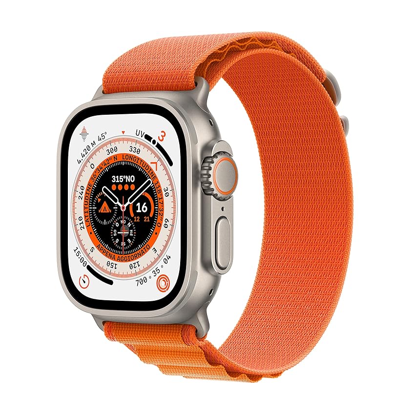 Immagine del prodotto Apple Watch Ultra (GPS + Cellular, Cassa 49mm) Smartwatch con robusta cassa in titanio e Alpine Loop arancione - Large. Fitness tracker, GPS di precisione, tasto Azione, batteria a lunghissima durata