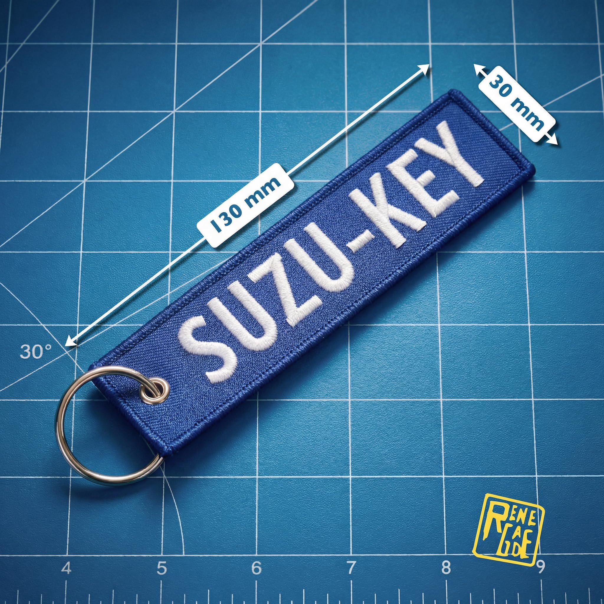 RENEGADE® Breloczek do kluczy motocyklowych z materiału z kółkiem na klucze, haftowany i odporny na zarysowania - 130 x 30 mm, czarny - (SUZU-KEY), niebieski, 130 x 30 mm