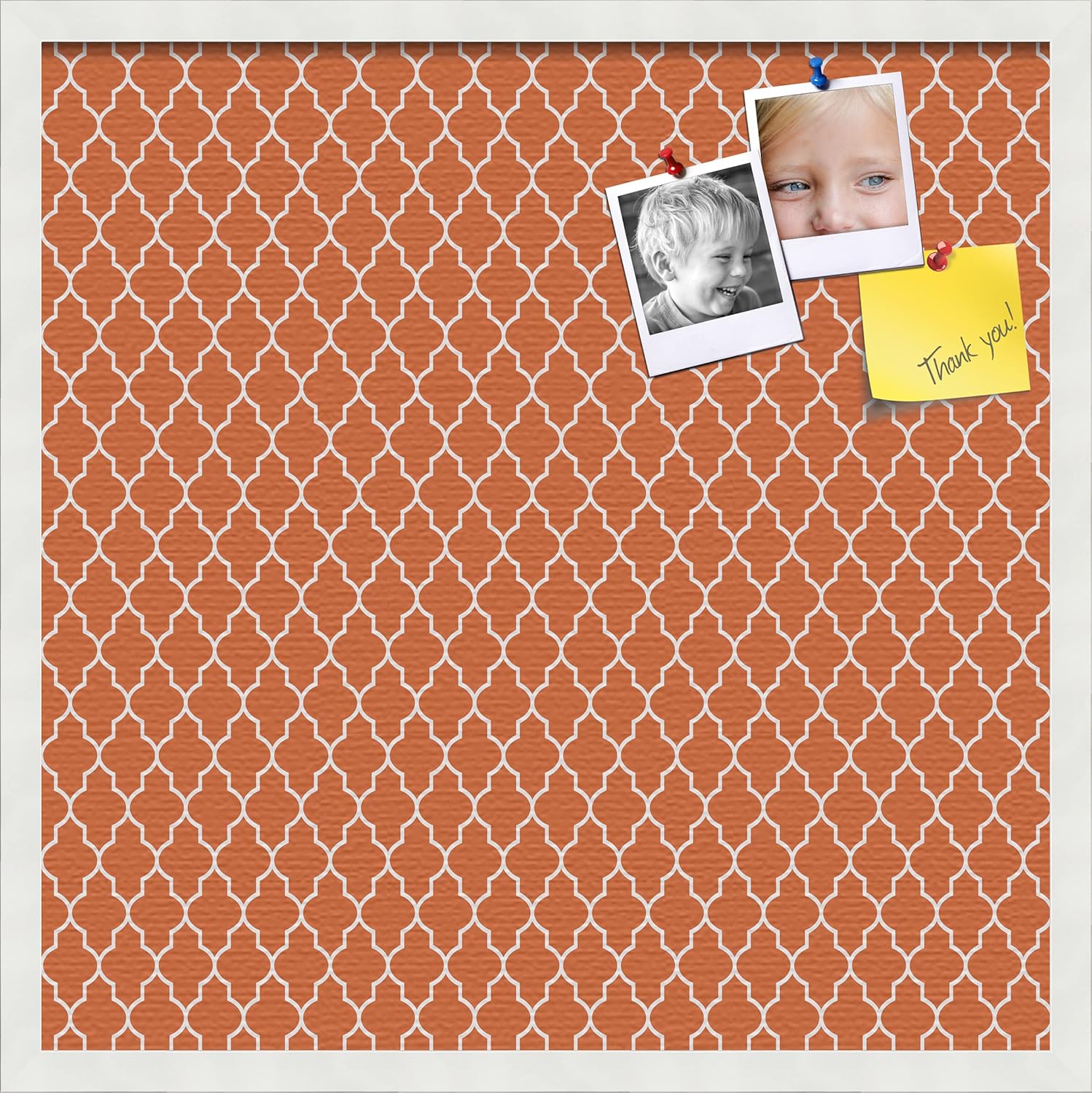 PinPix 24x24 Custom Cork Bulletin Board Quarterfoil Orange Poster Board with a Canvas Style Photo Board, Framed in Satin White Frame (PinPix-328)