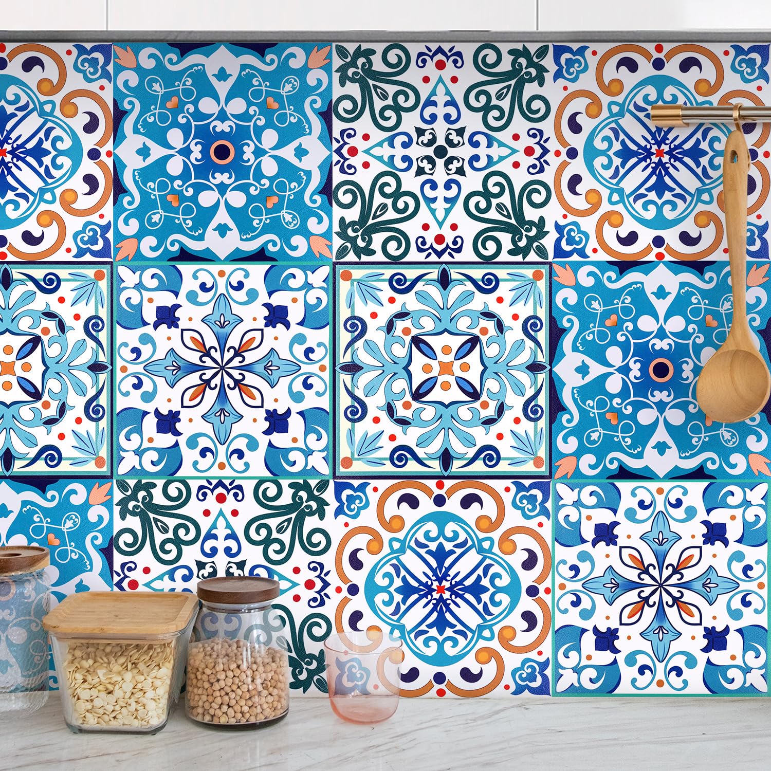 AM AMAONM 10pcs 20x20cm Removable Square Vintage Floral Pattern Tile Stickers 3D Decorative Peel and Stick Vinyl Self Adhesive Wall Tiles Decor Decals