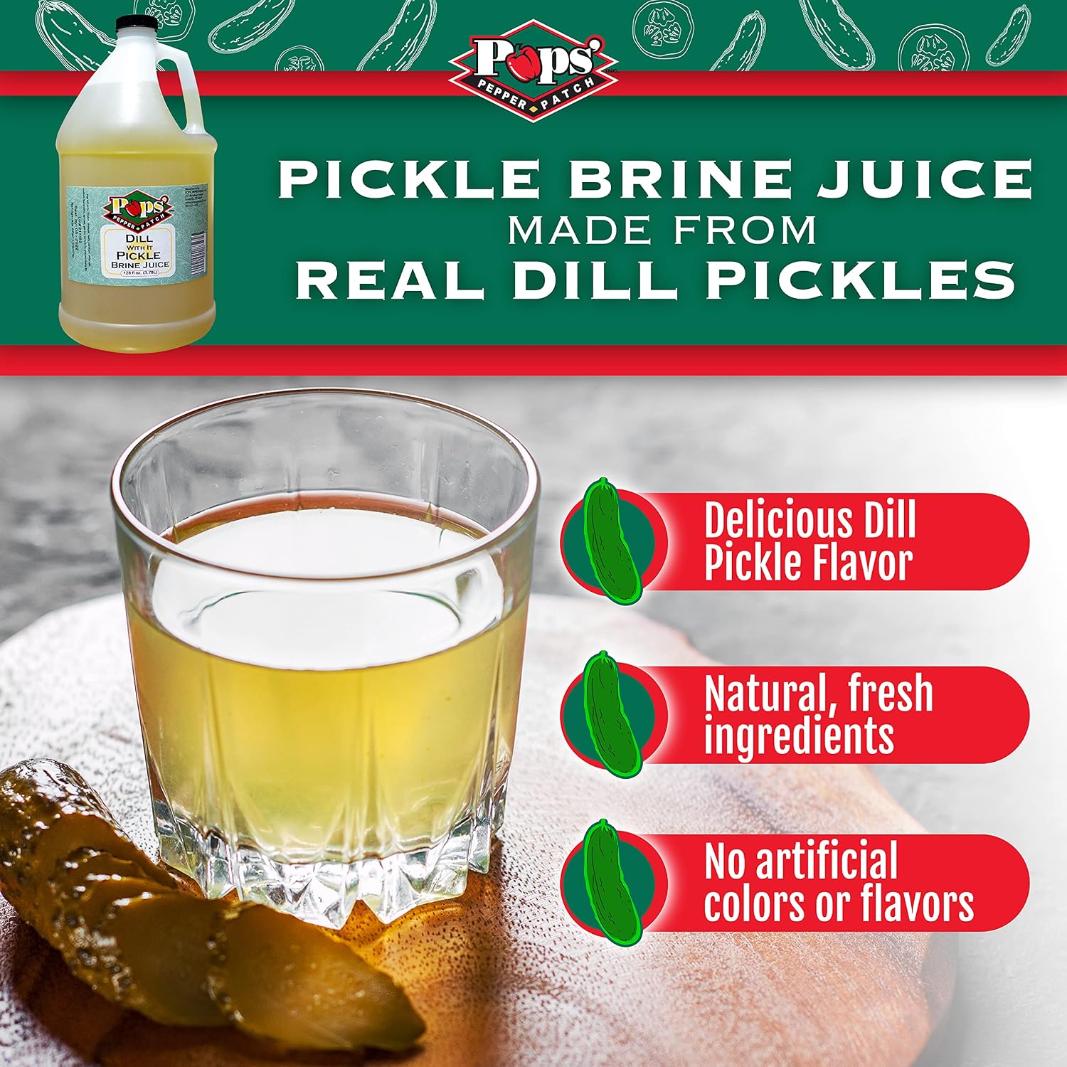 Pops Pepper Patch Pickle Brine Juice - Dill Pickle Juice for Leg Cramps, Pickle Pops, Pickle Juice Shots - Made from Real Dill Pickles - No Artificial Colors or Flavors - Aids in Hydration - 1 Gallon