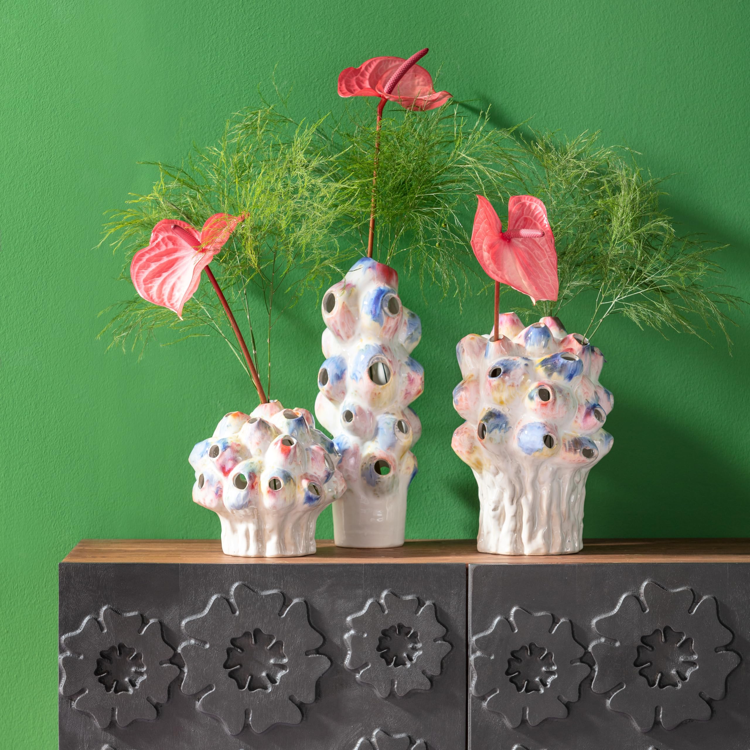 Kare Design Vase Collina Colore, Mehrfarbig, 33cm, Blumenvase für Pampasgras, Handgefertigt, Deko für Wohnzimmer, Esstisch, Regal, Flur, Unikat, Keramik, 33x23x23 cm (H/B/T)