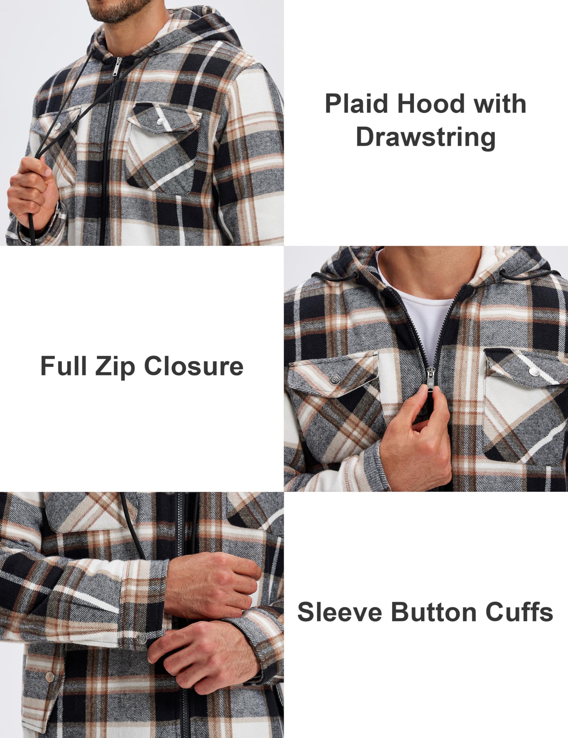 MoFiz Herren Karierts Flanellhemd Gefüttert Hemdjacke Thermo Kapuzenhemd Langarm Freizeithemd Baumwolle Reißverschluss Winterjacke Warm Dicke Holzfällerhemd mit Kapuze