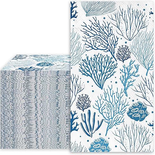 Miniatura 1 de JarThenaAMCS 100 servilletas de papel para invitados de arrecife de coral, color blanco y azul, 3 capas, servilletas desechables con temática de