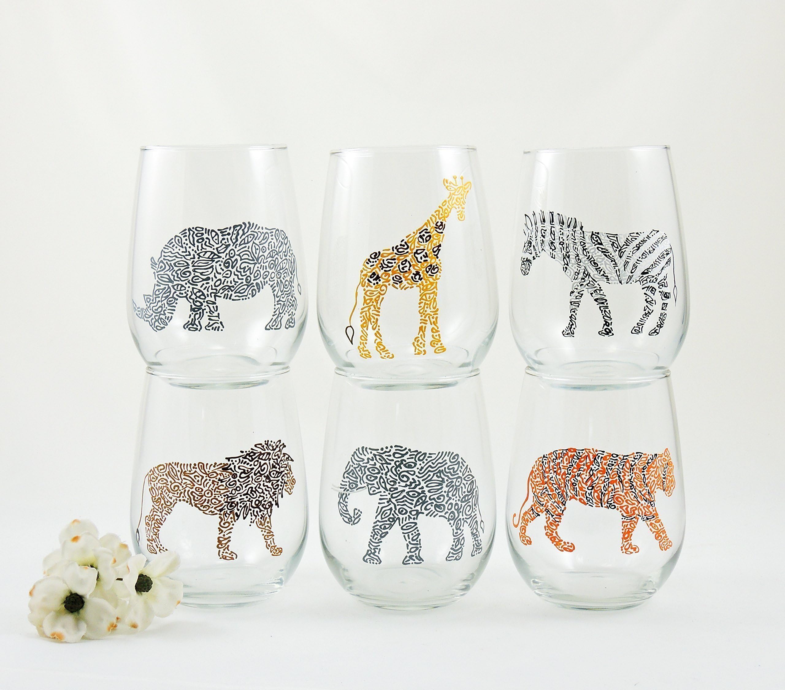 ONE hand painted rhino, giraffe, zebra, lion, elephant or tiger wine glass - Africa, Wildlife, Zoo, Jungle
