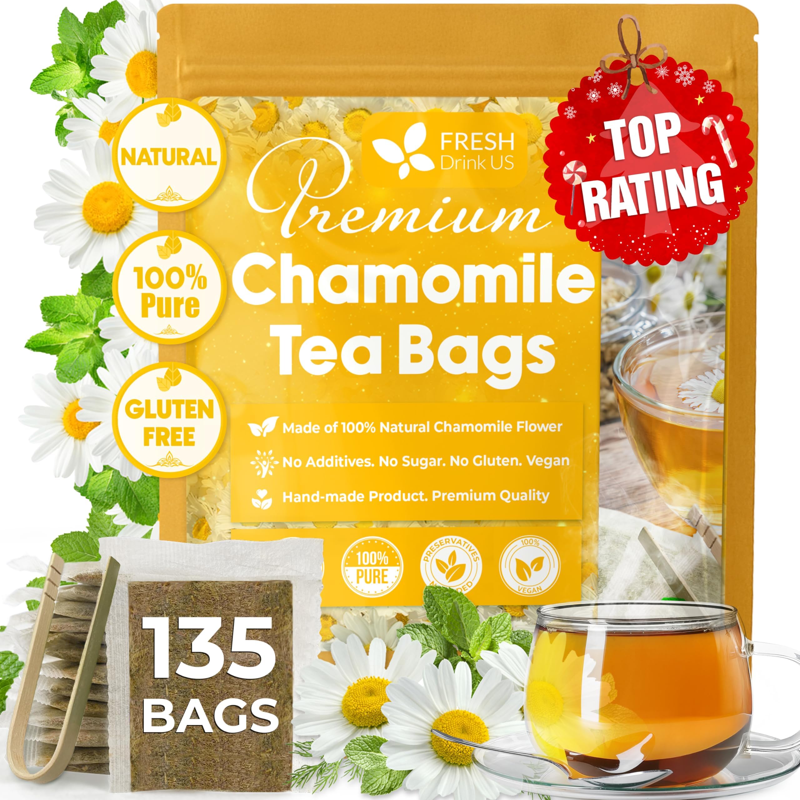 - FRESHDRINKUS, 135 Chamomile Tea Bags, 100% Natural and Pure Chamomile Flowers, Eco-conscious Tea Bags. Chamomile Flower Herbal Tea. No Sugar, No Caffeine, No Gluten, Vegan.